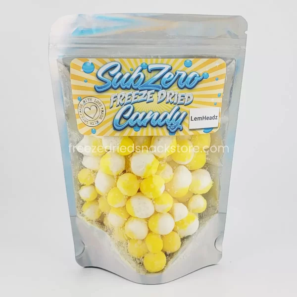 Bright yellow LemHeadz candy, a mouth-puckering treat with zesty citrus flavor.