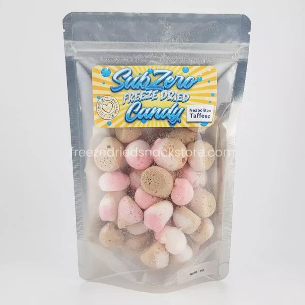 Neapolitan Taffeez: A sweet tri-color medley of chocolate, vanilla, and strawberry flavors in crunchy candy form.