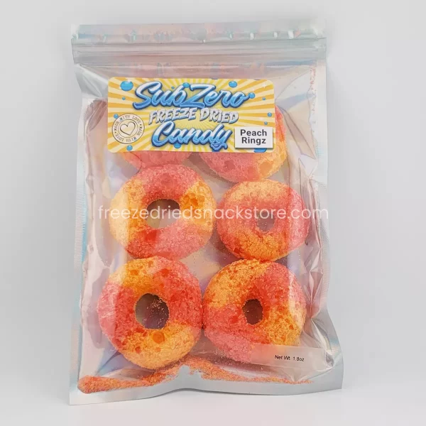 Peach Ringz: Crunchy gummy rings with the sweet essence of ripe peaches, a fruity delight for your taste buds.