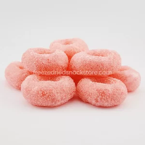 Watermelon Ringz: Vibrant, gummy fruit rings bursting with juicy watermelon flavor, a refreshing sweet treat.