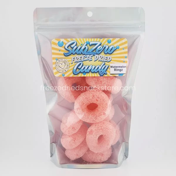 Watermelon Ringz: Vibrant, gummy fruit rings bursting with juicy watermelon flavor, a refreshing sweet treat.